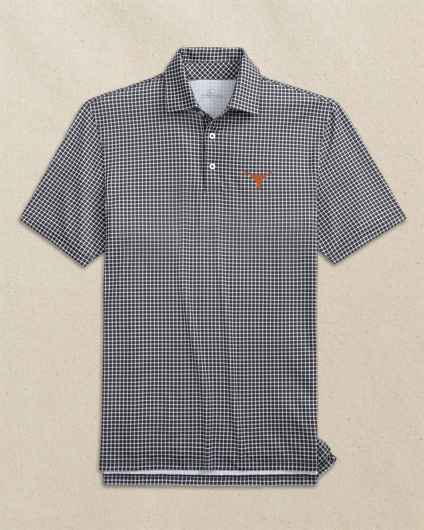 The front view of the Southern Tide Texas Longhorns Driver Dunes Edge Plaid Polo by Southern Tide - Black