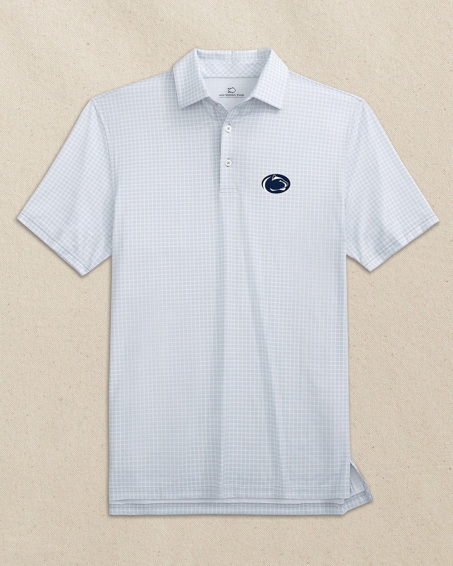 The front view of the Southern Tide Penn State Nittany Lions Driver Dunes Edge Plaid Polo by Southern Tide - Slate Grey