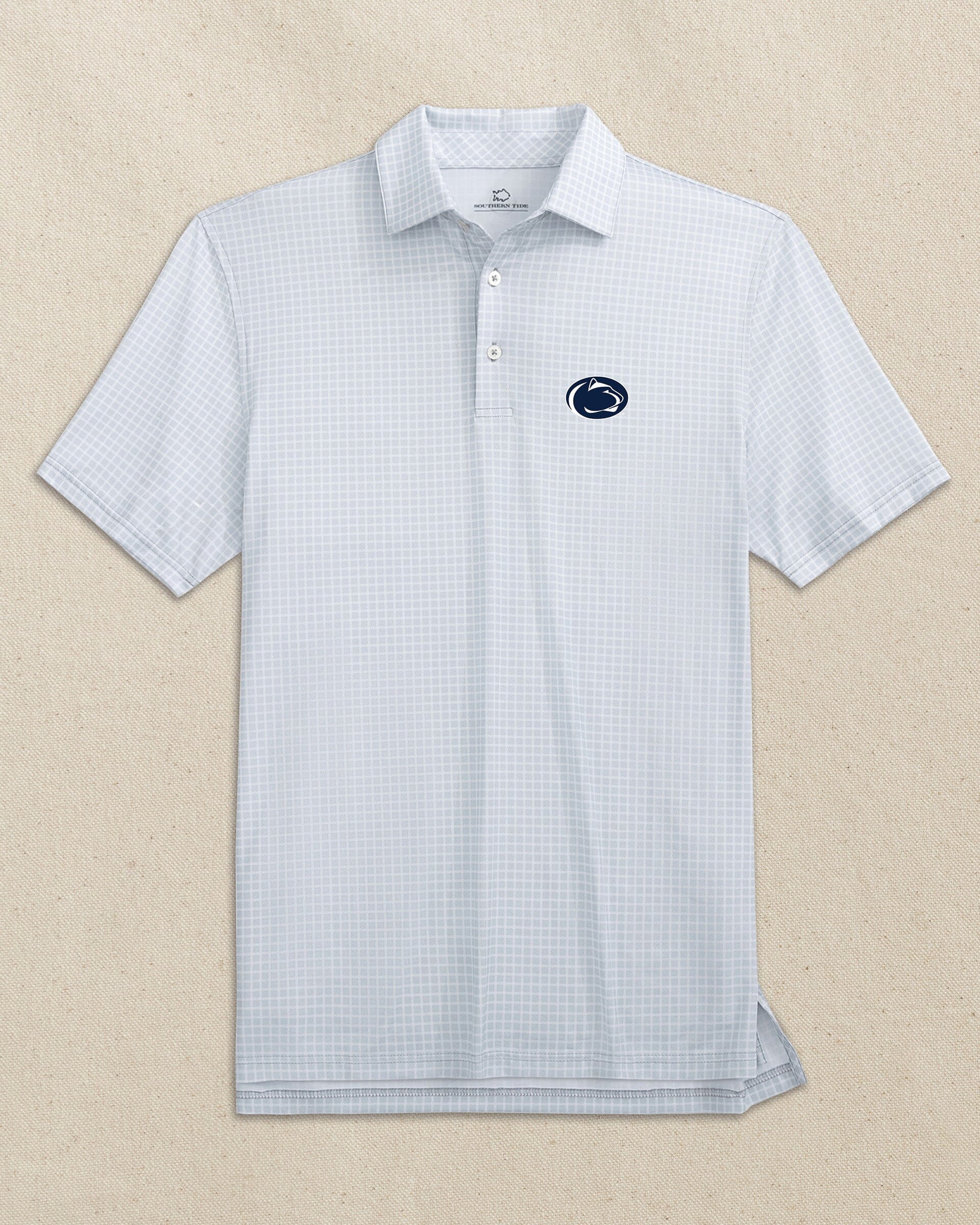 The front view of the Southern Tide Penn State Nittany Lions Driver Dunes Edge Plaid Polo by Southern Tide - Slate Grey