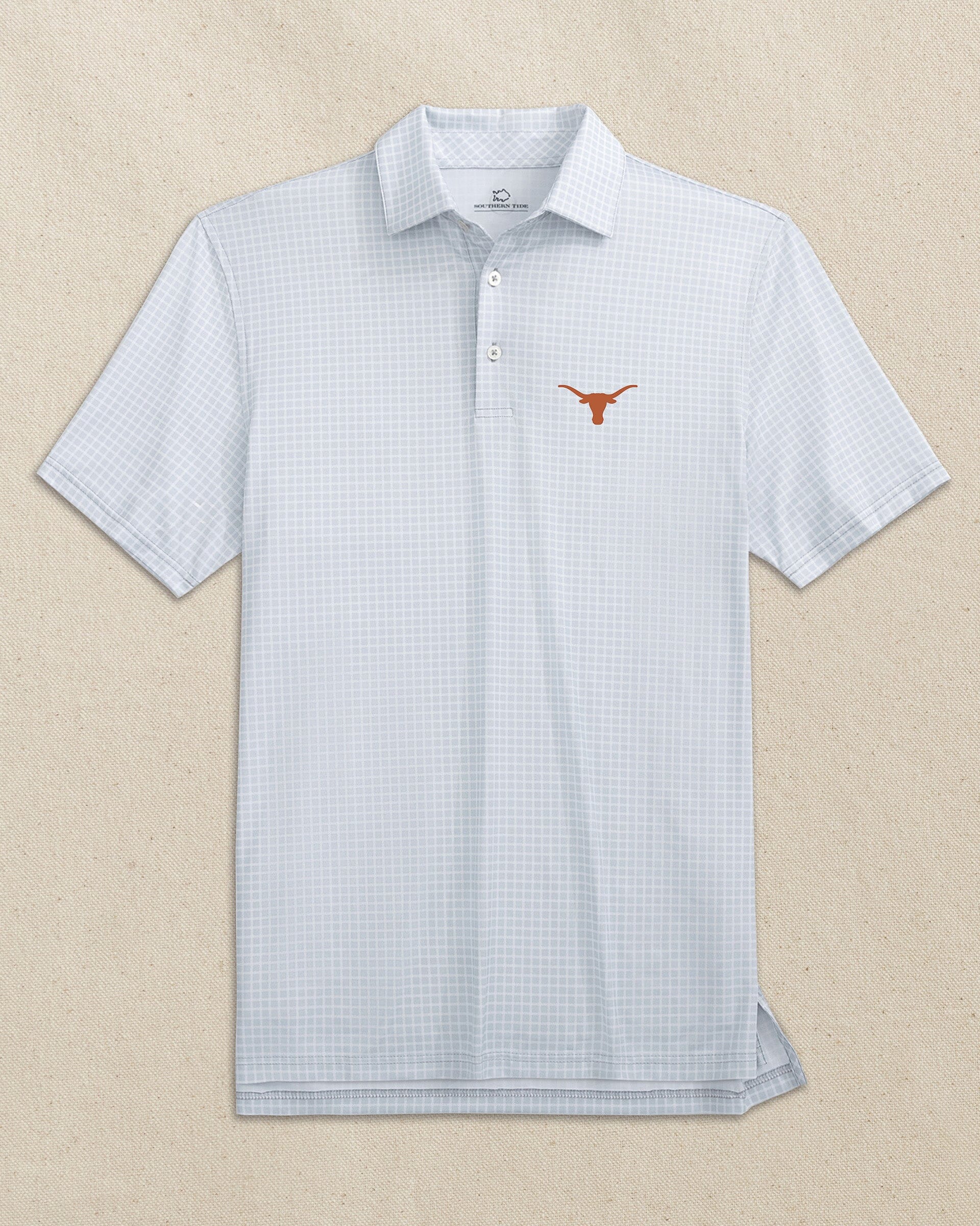 The front view of the Southern Tide Texas Longhorns Driver Dunes Edge Plaid Polo by Southern Tide - Slate Grey