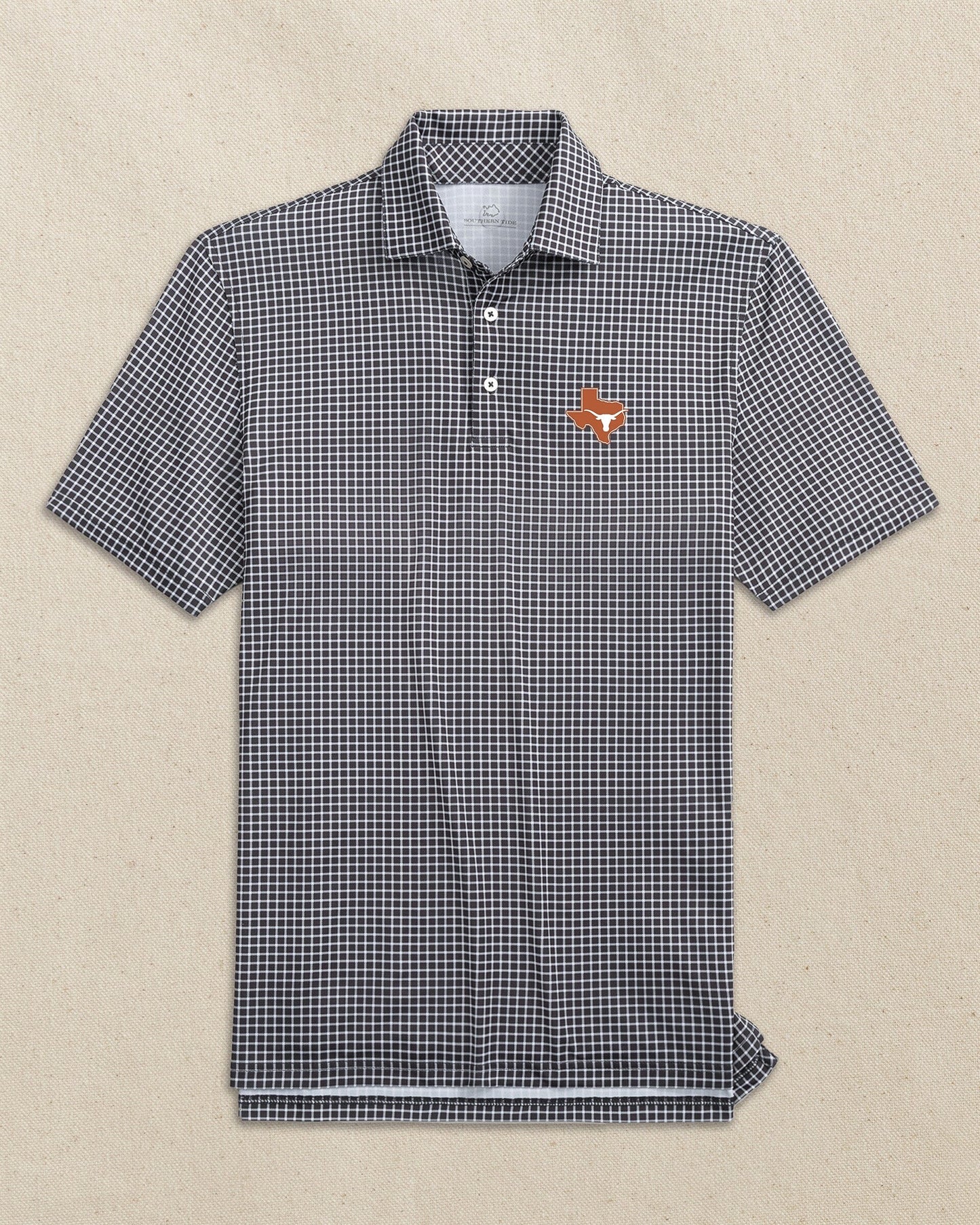 The front view of the Southern Tide Texas Longhorns State Driver Dunes Edge Plaid Polo by Southern Tide - Black