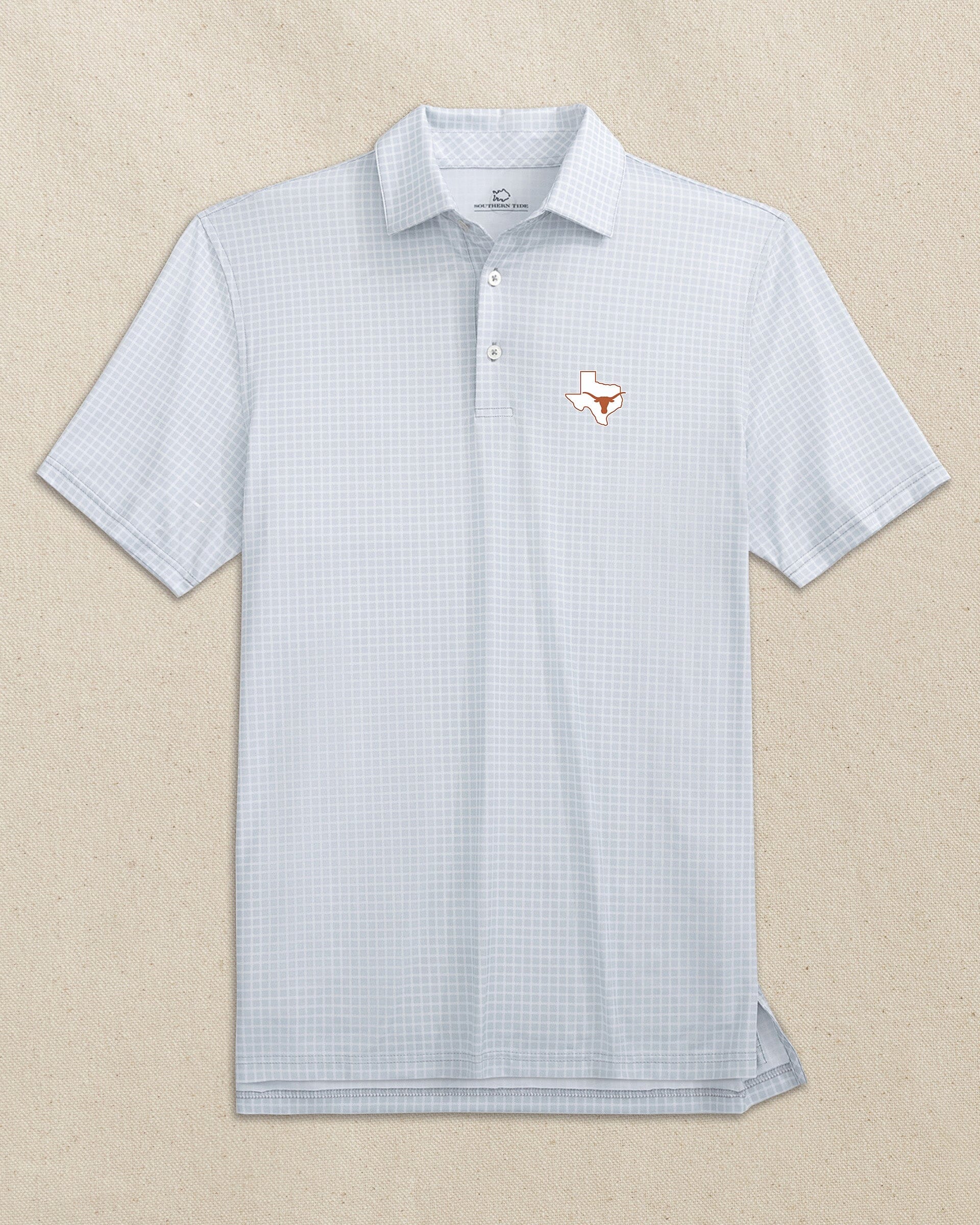 The front view of the Southern Tide Texas Longhorns State Driver Dunes Edge Plaid Polo by Southern Tide - Slate Grey